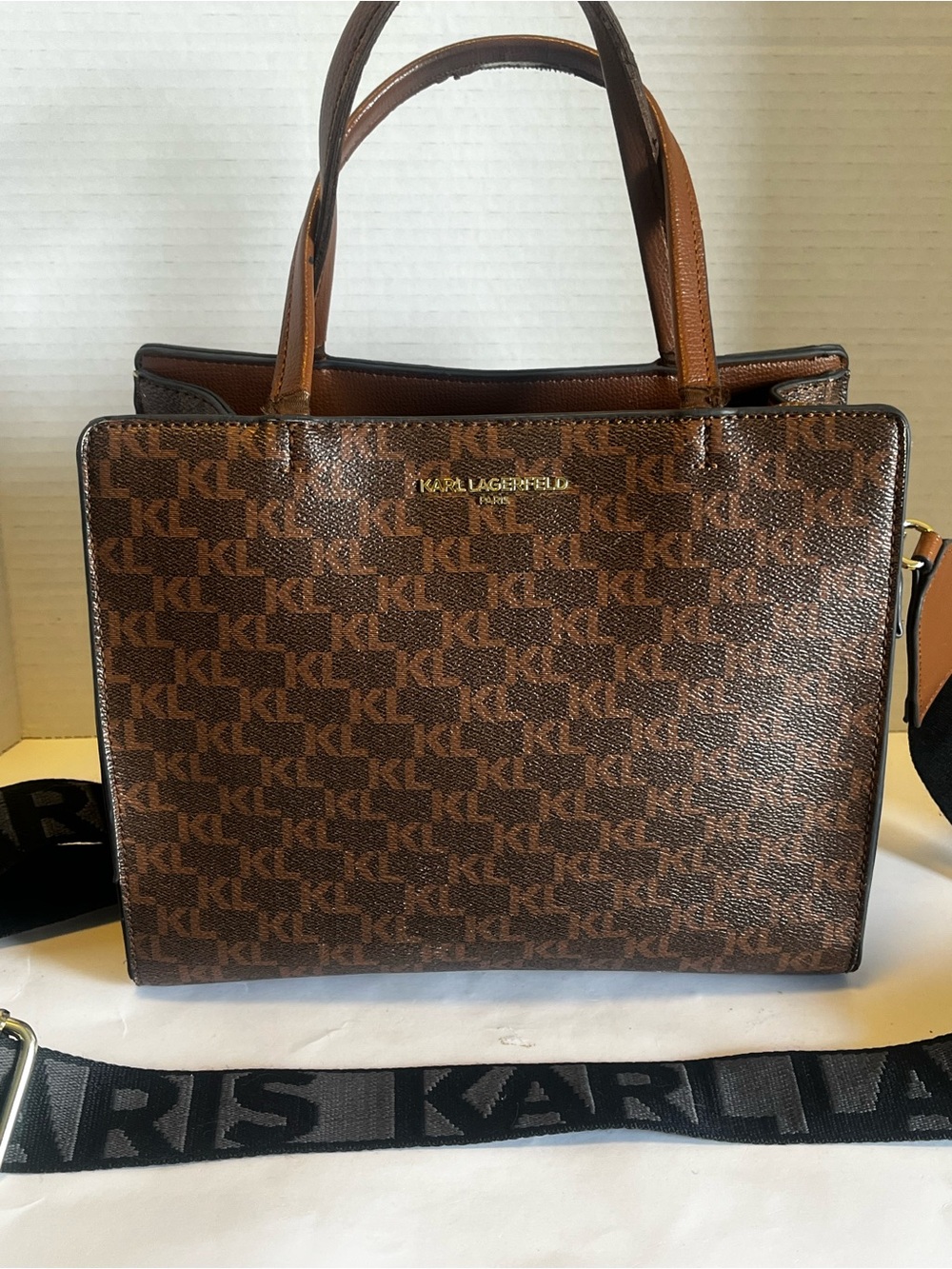 Karl Lagerfeld Brown Monogram Top-Handle Tote with Logo Strap